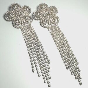 Vintage Silver Rhinestone Flower Fringe Clip On Statement Earrings 5.5"